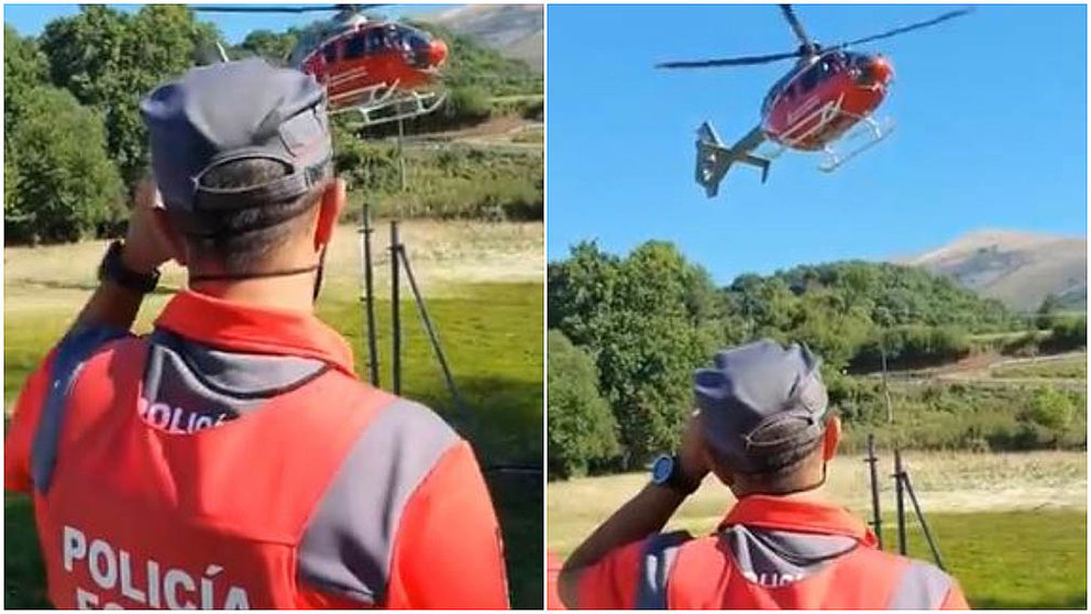 Un helicóptero traslada al hombre que ha sufrido un corte de digestión en un camping en Erratzu. POLICÍA FORAL