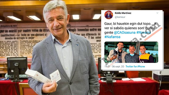 El senador autonómico por Navarra, Koldo Martínez, junto a la captura de su tuit en el que aparece la foto junto a los jugadores de Osasuna, los tres sin mascarilla.