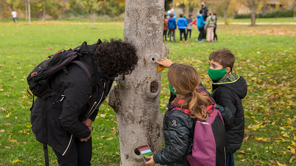 Dos escolares junto a su profesora durante el programa ‘Sentir naturaleza’, que traslada la educación ambiental a los parques y jardines de Pamplona. JESUS GARZARON