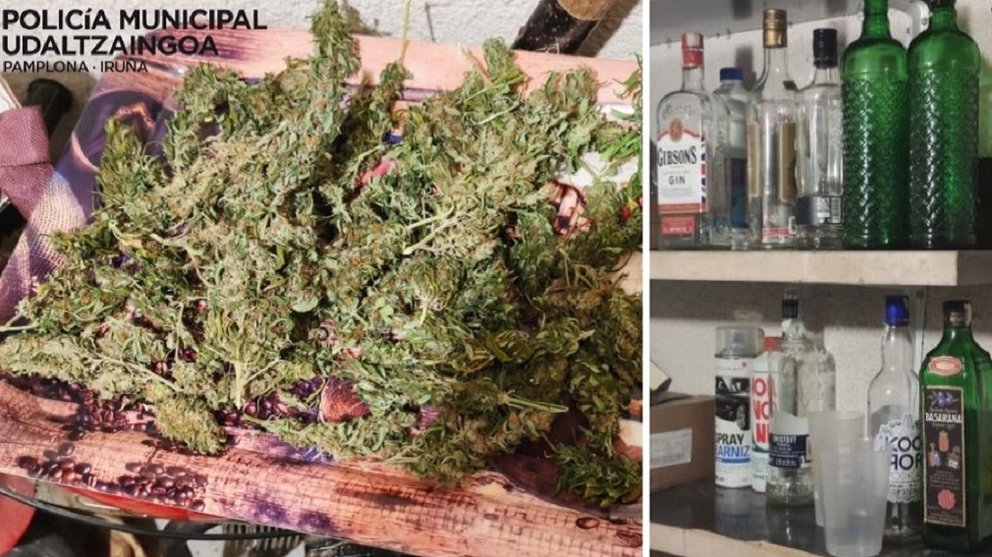 Montaje con las imágenes de marihuana y botellas de alcohol encontradas en el trastero de un garaje de Mendillorri, donde estaban haciendo botellón. POLICÍA MUNICIPAL DE PAMPLONA