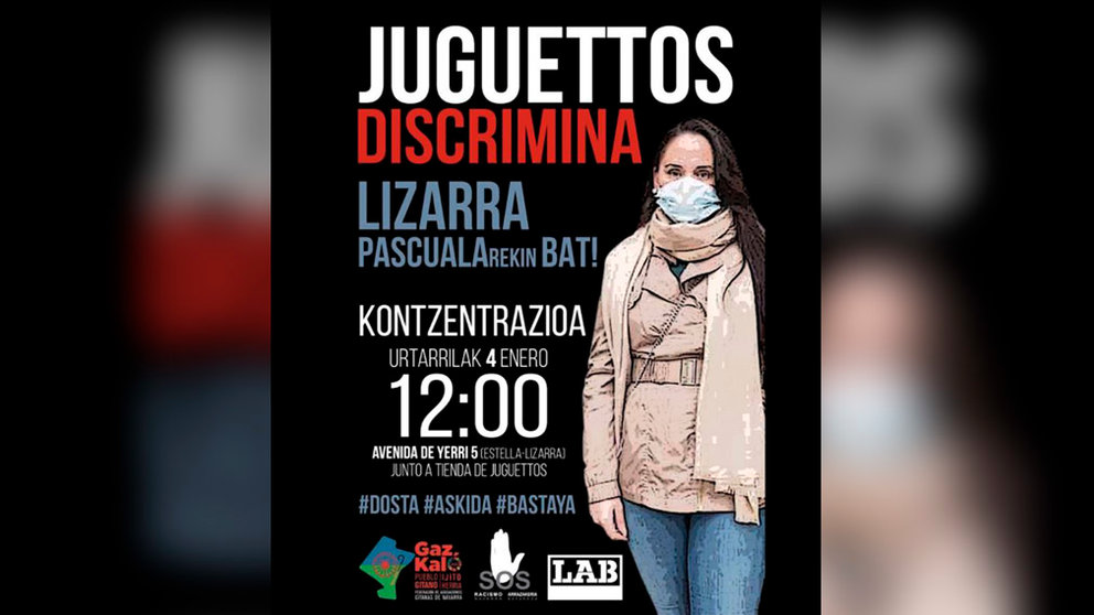 Cartel de la convocotaria de la concentración contra un comercio en Estella por discriminar a una mujer gitana GAZ KALO