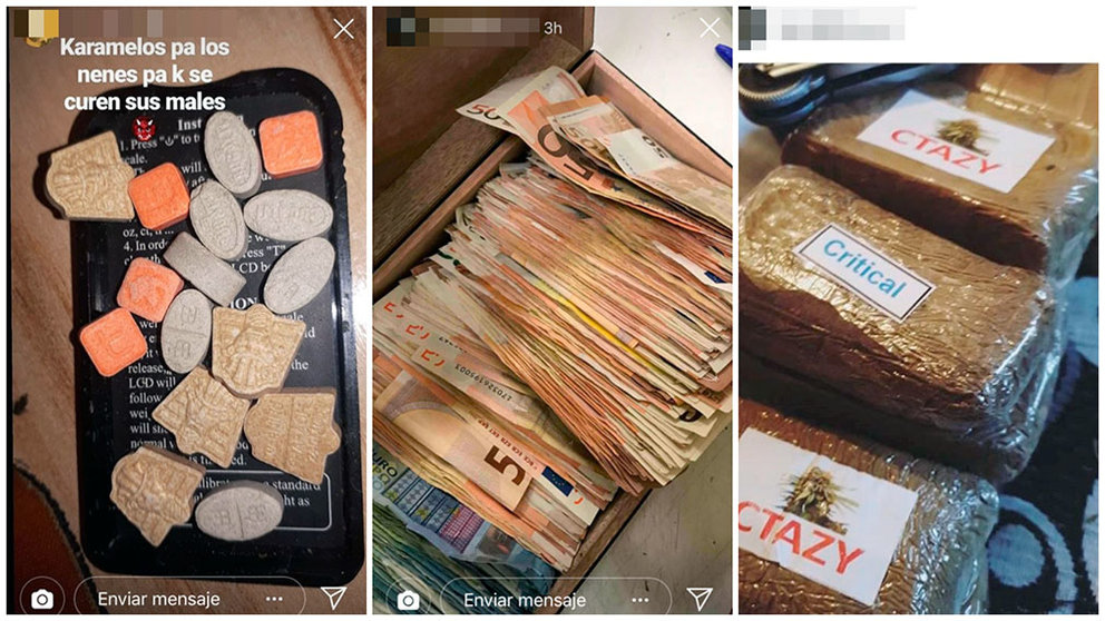 Fotografías distribuidas por el detenido donde alardeaba en redes sociales del dinero que ganaba con la venta de drogas.