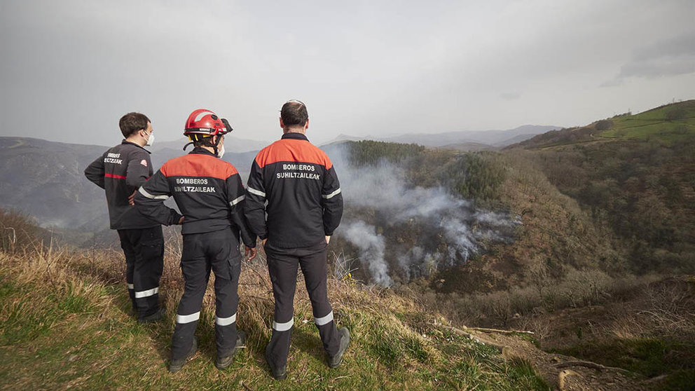 Tres bomberos de Navarra estudian el terreno del incendio en AuzoBerri. EDUARDO SANZ/EP