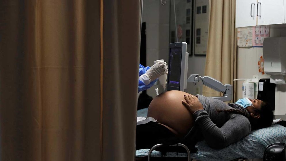 Una mujer embarazada se somete a la toma de una ecografía durante la pandemia del coronavirus. EFE/ Paolo Aguilar