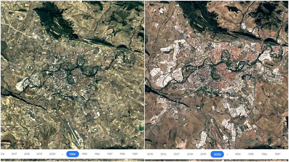 Una visión de Pamplona en 1984 y de 2020 tomada con la herramienta de Google.
