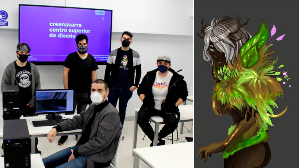 Parte del equipo de Moonatic Studios, en las instalaciones de CreaNavarra, junto con la protagonista del videojuego 'One Last Breath' CREANAVARRA