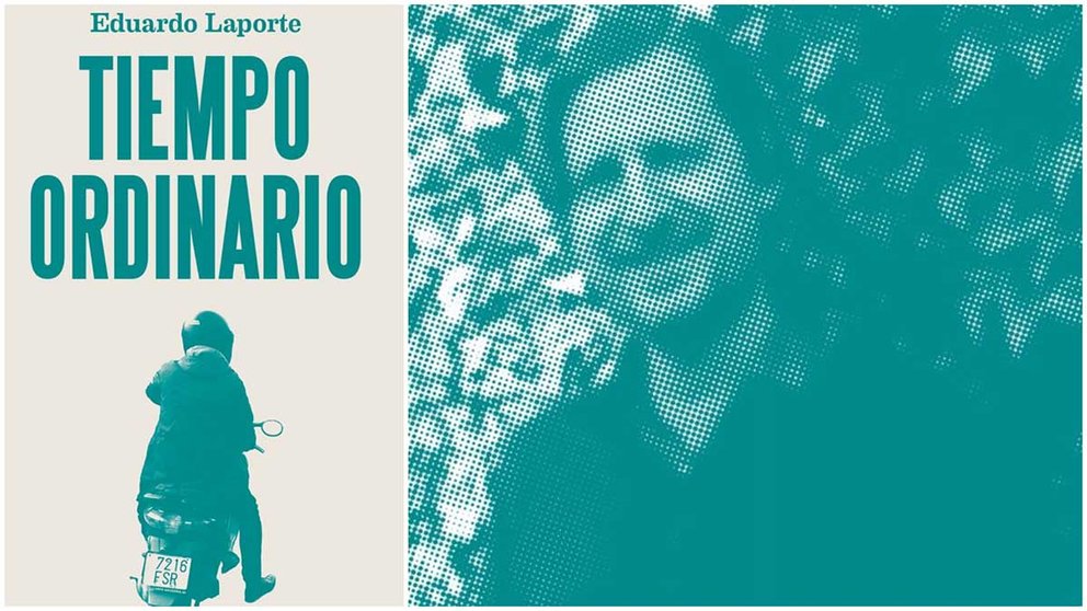 Una imagen de Eduardo Laporte junto a la portada de su nuevo libro, 'Tiempo ordinario'.