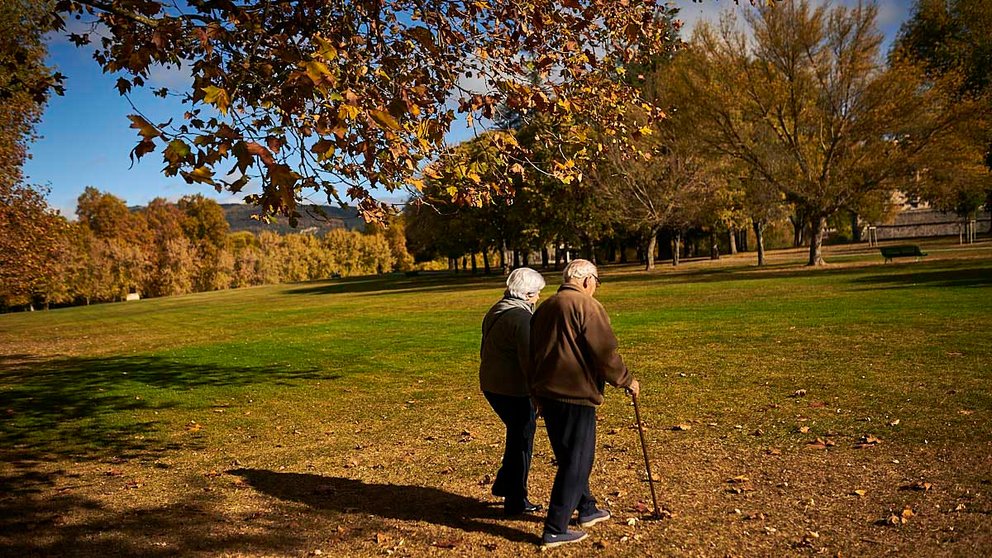 Una pareja de ancianos caminan por la Vuelta del Castillo de Pamplona durante una mañana de otoño. PABLO LASAOSA