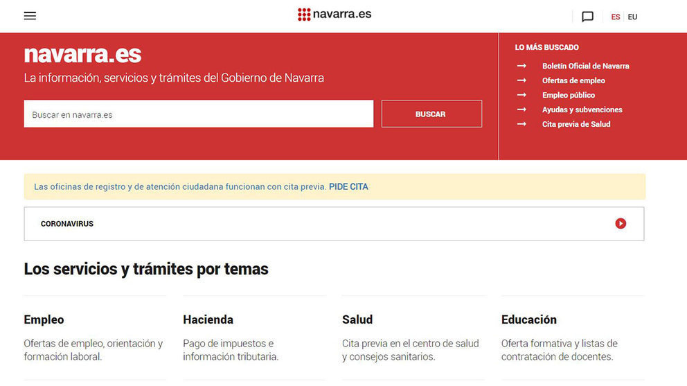 Portada de la web del Gobierno de Navarra para realizar trámites. NAVARRACOM