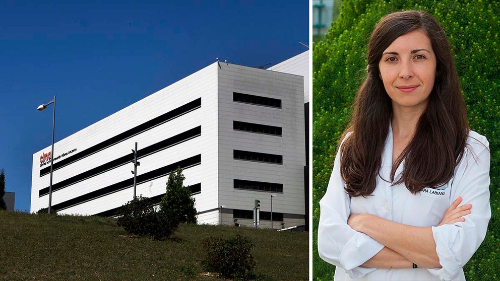 El edificio del Centro de Investigación Médica Aplicada de la Universidad de Navarra; a la derecha, la investigadora Sara Labiano Almiñana. ARCHIVO