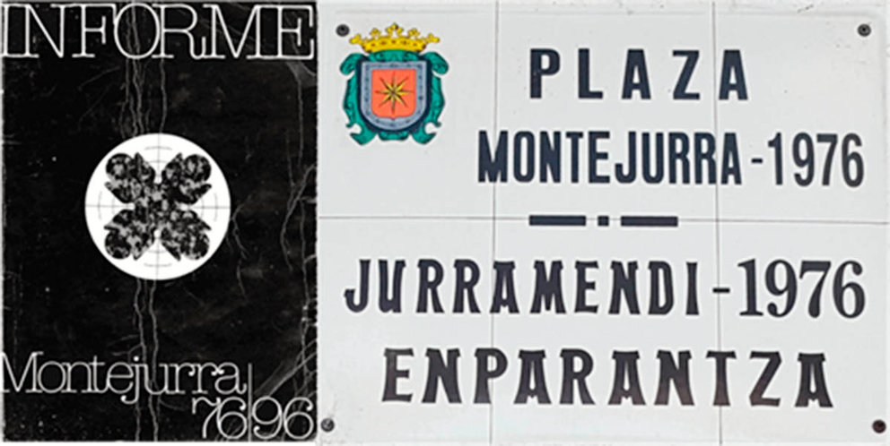 Portada del Informe Montejurra 76-96, el libro negro. Placa de la Plaza Montejurra 1976 de Estella.