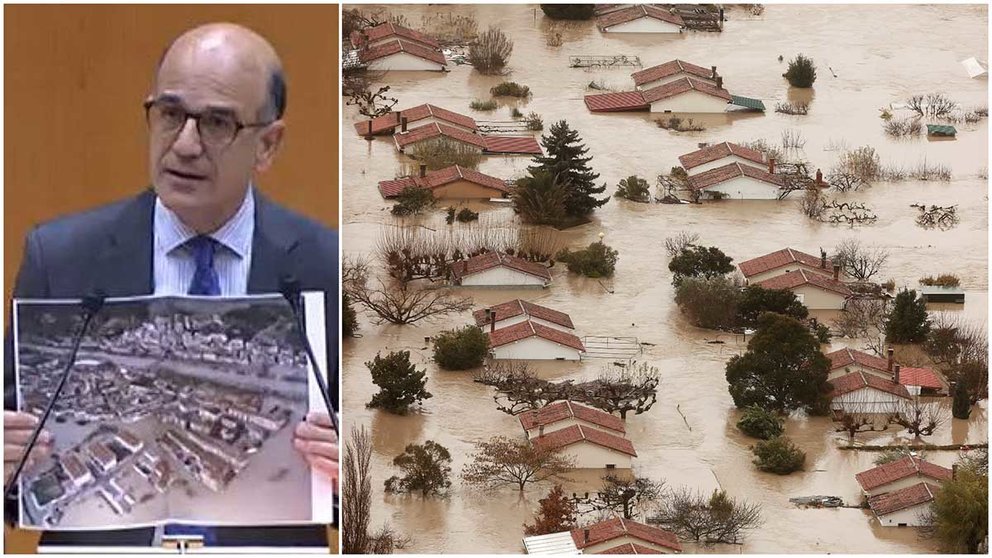 Alberto Catalán muestra en el Senado una foto de las inundaciones recientes en Navarra.