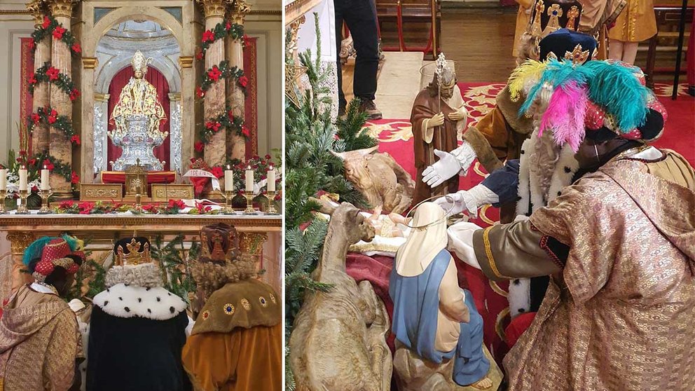 Los tres Reyes Magos visitan por sorpresa la capilla de San Fermín antes de la Cabalgata de Pamplona. NAVARRACOM