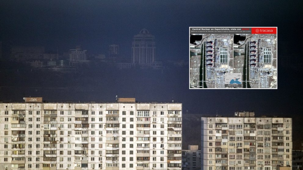 Edificios residenciales en Ucrania durante la tercera semana de invasión rusa. En la parte superior derecha, dos imágenes de satélite de la central nuclear de Zaporizhzhia. UKRINFORM/DPA | TRACASA