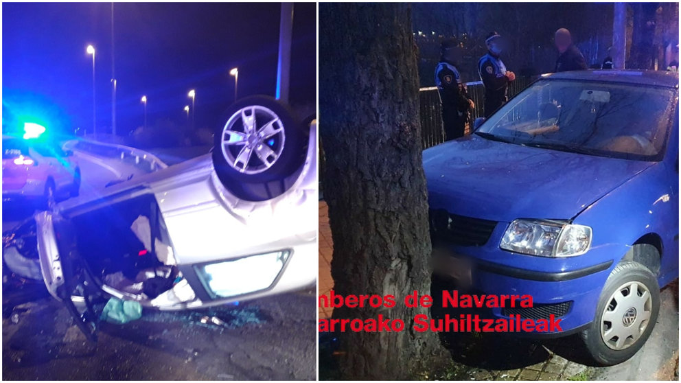 Un coche ha volcado en Berriozar (izquierda) y otro ha chocado contra un árbol en la cuesta de Beloso en Pamplona. POLICÍA FORAL / BOMBEROS