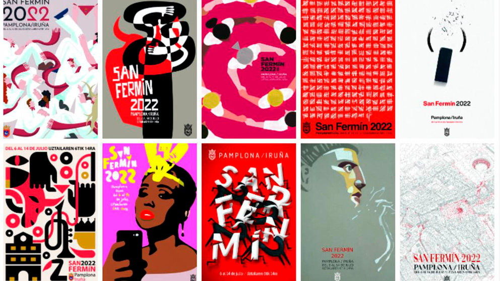 Los 10 carteles de San Fermín seleccionados por el jurado para la votación popular para anunciar los Sanfermines de 2022.