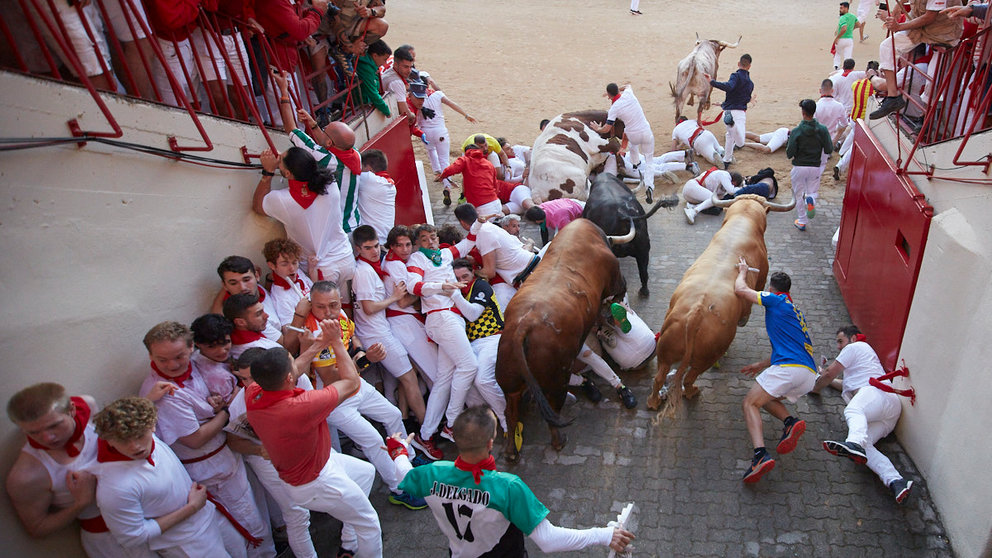 Primer encierro de San Fermín 2022 con toros de Núñez del Cuvillo en la entrada a la plaza. IÑIGO ALZUGARAY