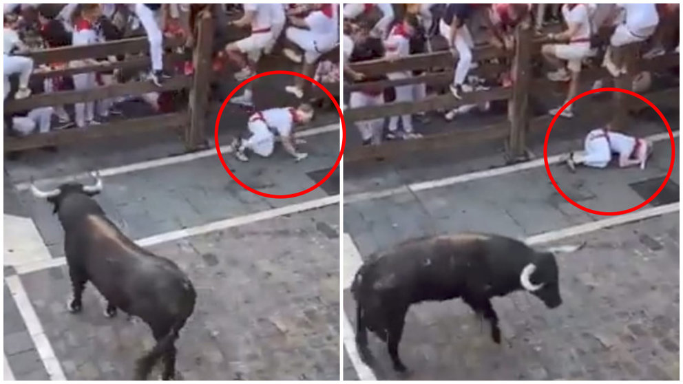 La viral reacción de un mozo en el encierro de San Fermín cuando un toro se gira en Estafeta. NAVARRA.COM
