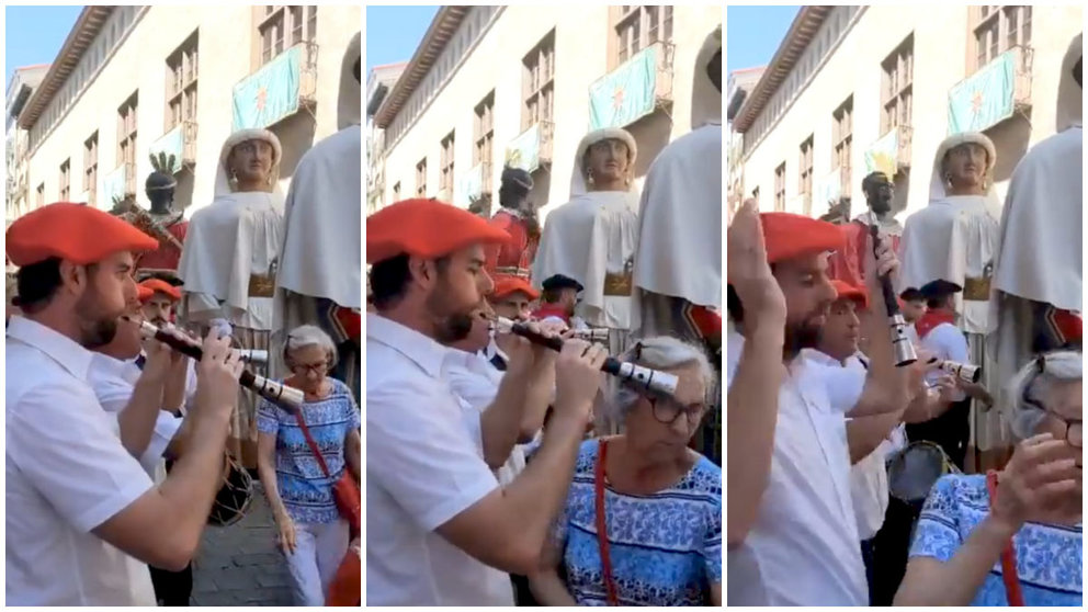 El vídeo definitivo de San Fermín: el viral enfado de un gaitero con una señora en los Gigantes. NAVARRA.COM