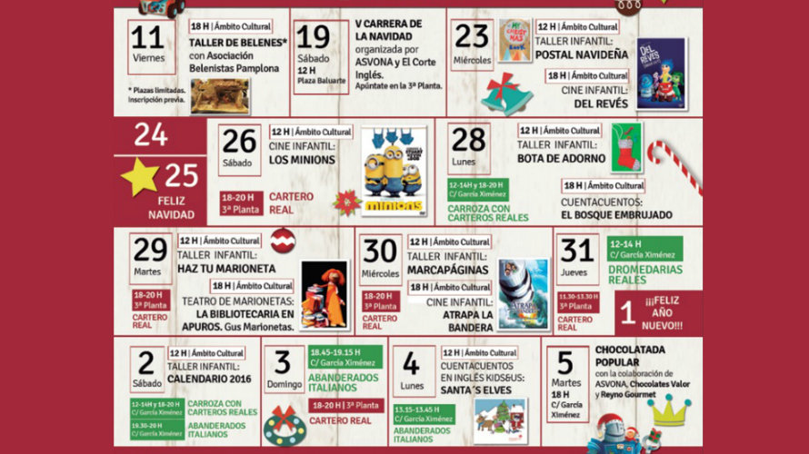 Calendario de las actividades para Navidad de El Corte Inglés.