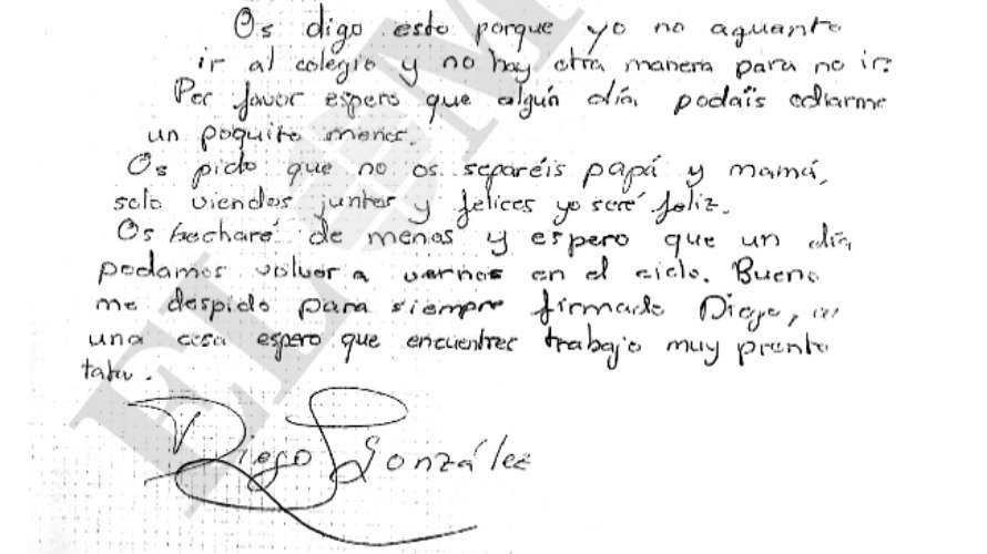 Carta de Diego, el niño de 11 años que se suicidó en Madrid.