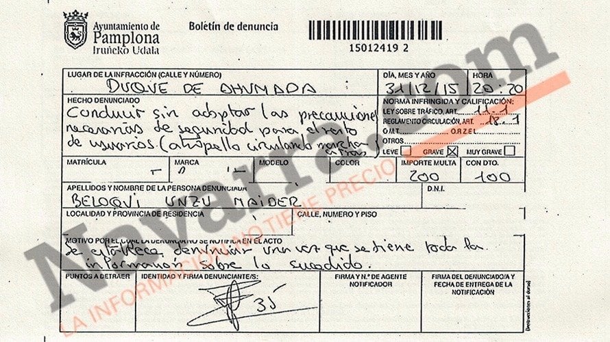 Boletín de denuncia de Maider Beloki tras atropellar a dos ancianos en Pamplona.
