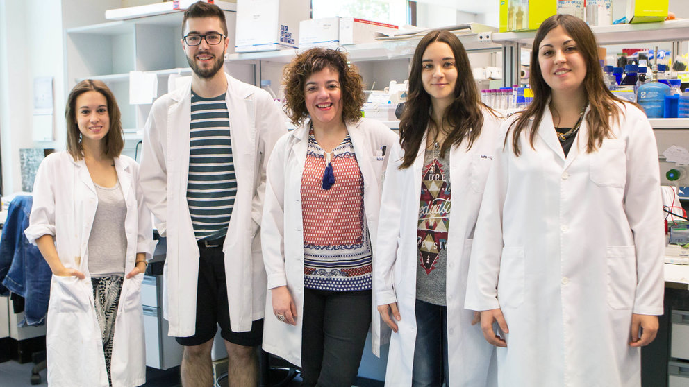 El grupo de investigación de la científica Junkal Garmendia, en su laboratorio del IdAB (Instituto de Agrobiotecnología), centro mixto del CSIC, UPNA y Gobierno de Navarra. De