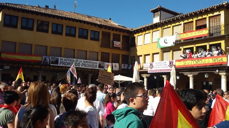 Personas protestando en la Plaza Consistorial de Tordesillas por la prohibición de dar muerte al Toro de la Vega. EP