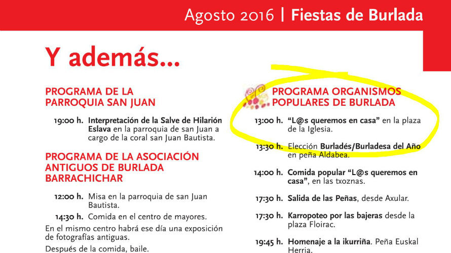 Página del programa de fiestas de Burlada donde se anuncia, sin mencionar, el acto en favor de los presos de ETA.