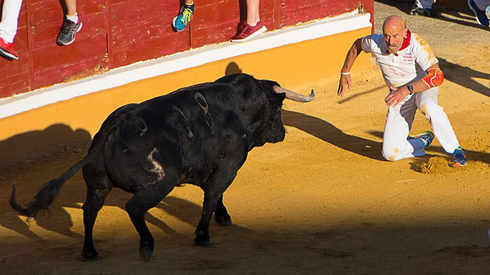 Momento previo a la cogida sufrida por Julen Madina ante uno de los toros de Las Monjas en el encierro de Tudela. Fuente: http://www.julenmadina-sanfermin.com