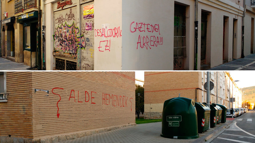 Pintadas aparecidas en diferentes puntos de Pamplona contra el desalojo del Gaztetxe de Caparroso y la Guardia Civil.