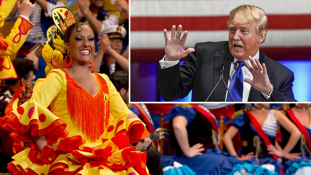 Imagen de una comparsa actúa durante el carnaval de Cádiz y una fotografía de Trump durante un acto electoral