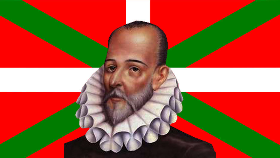 La figura de Miguel de Cervantes sobre una ikurriña