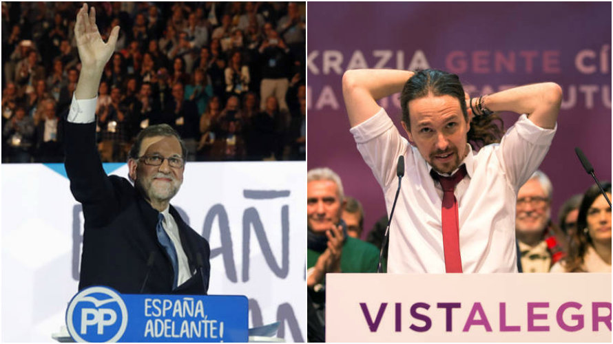 Mariano Rajoy y Pablo Iglesias durante sus respectivos congresos del PP y Podemos