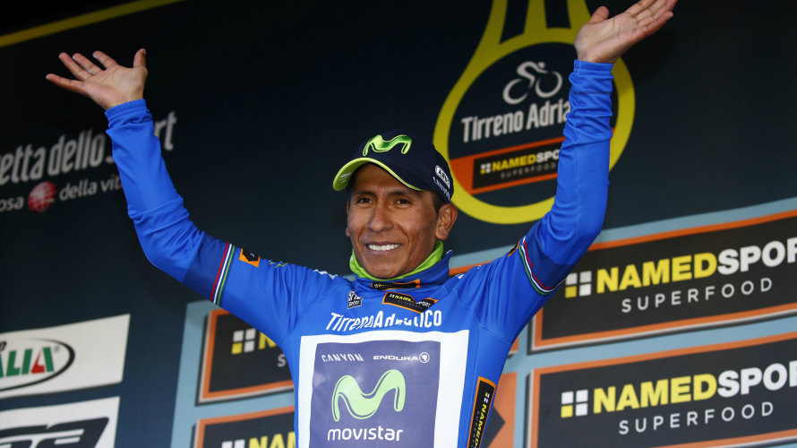 Nairo Quintana celebra su liderato. Foto Movistar team.
