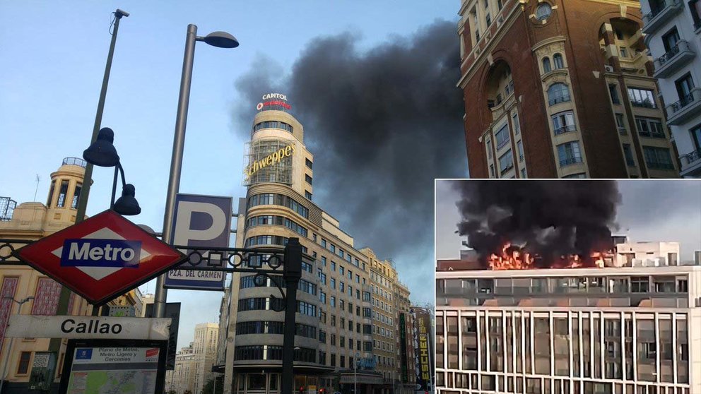 Espectacular incendio en la Gran Vía de Madrid