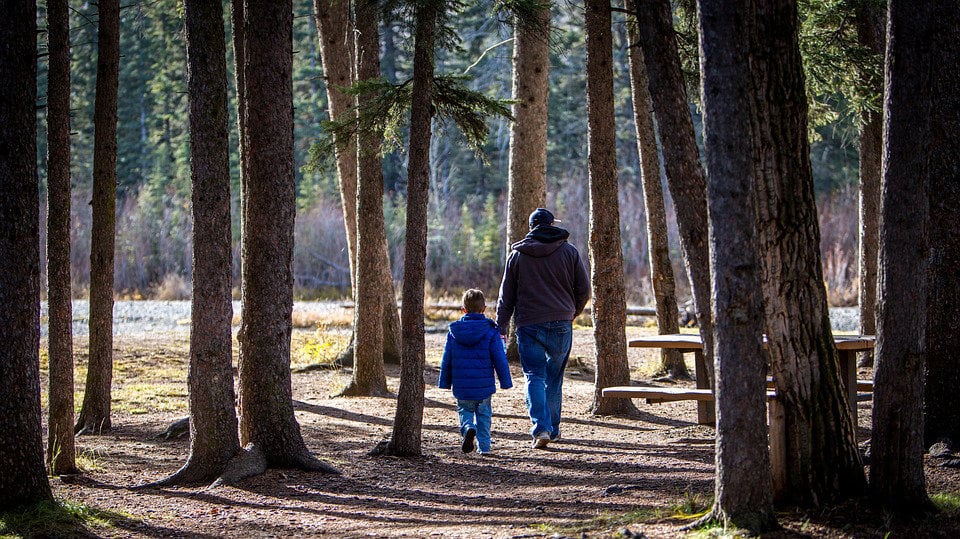 Imagen de un padre con un hijo paseando en un parque ARCHIVO