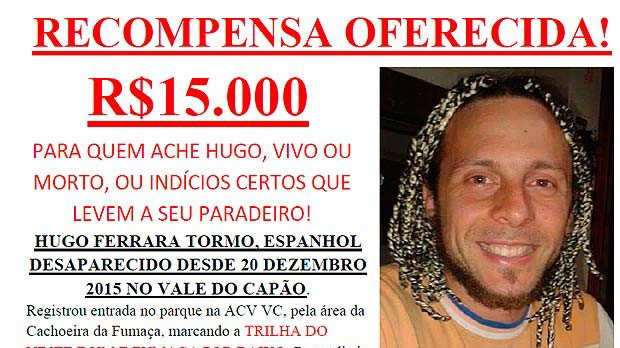 Cartel alertando sobre la desaparición en Brasil del turista español Hugo Ferrara