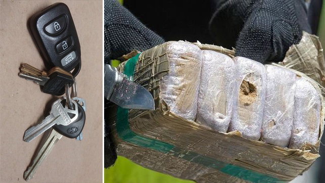 Imagen de una llave de coche y un fardo de hachís decomisado por la Guardia Civil. ARCHIVO