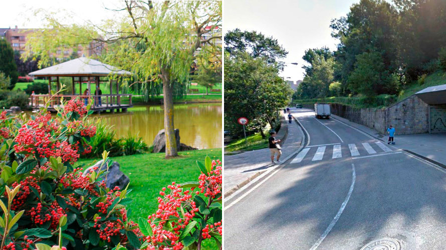 A la izquierda, una imagen de jardines (concretamente, Yamaguchi) y a la derecha el barrio de la Rochapea de Pamplona, uno de los que más se queja
