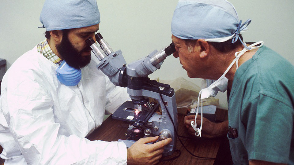 Imagen de dos médicos trabajando con sendos microscopios. ARCHIVO