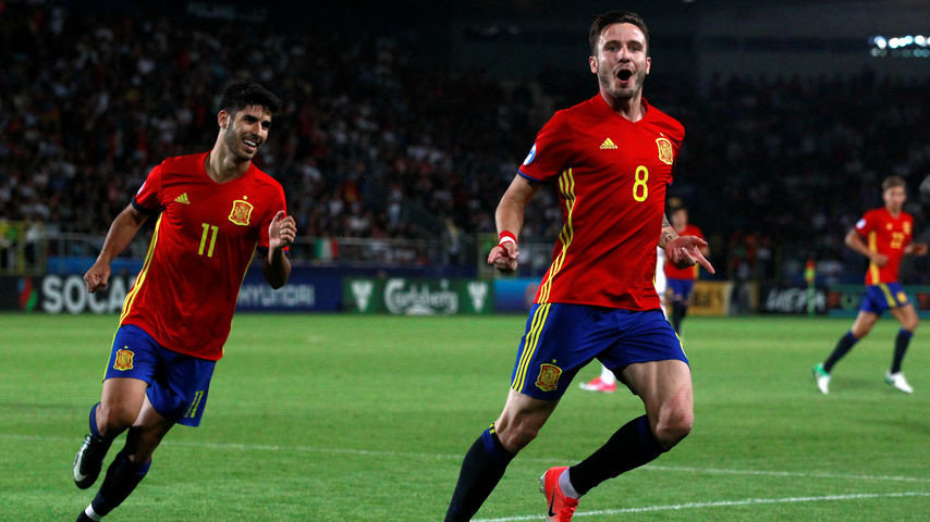 Saúl Ñíguez, de la Selección Sub-21 de España, celebra un gol ante Italia