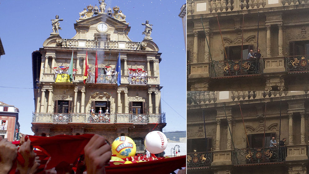 Los operarios colocan el mástil para ondear la ikurriña en el Ayuntamiento de Pamplona durante el Chupinazo