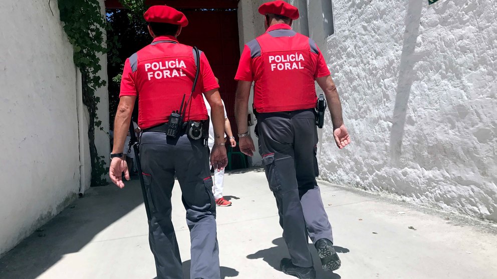 Dos agentes de la Policía Foral en el patio de caballos de la plaza de toros de Pamplona durante los Sanfermines de 2017 (4)