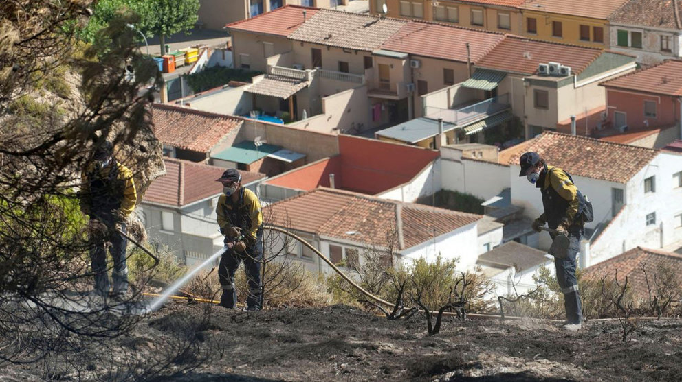 Efectivos de bomberos apagan los rescoldos del incendio declarado en un pinar situado a escasos metros del núcelo urbano de Falces BOMBEROS DE NAVARRA