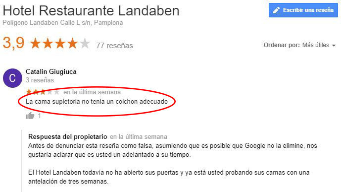 Opinión del usuario en Google y respuesta del hotel Landaben