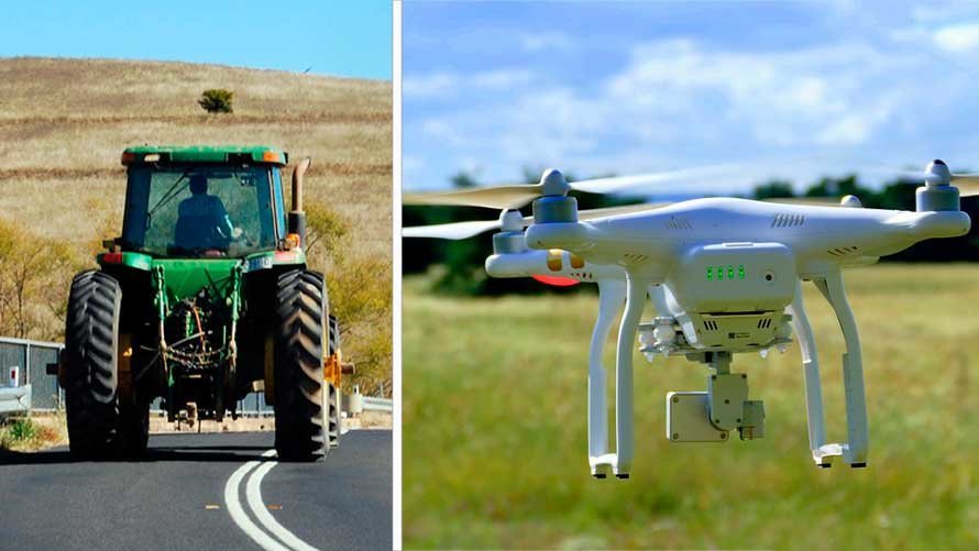 Imagen de un tractor y un dron en el campo. ARCHIVO