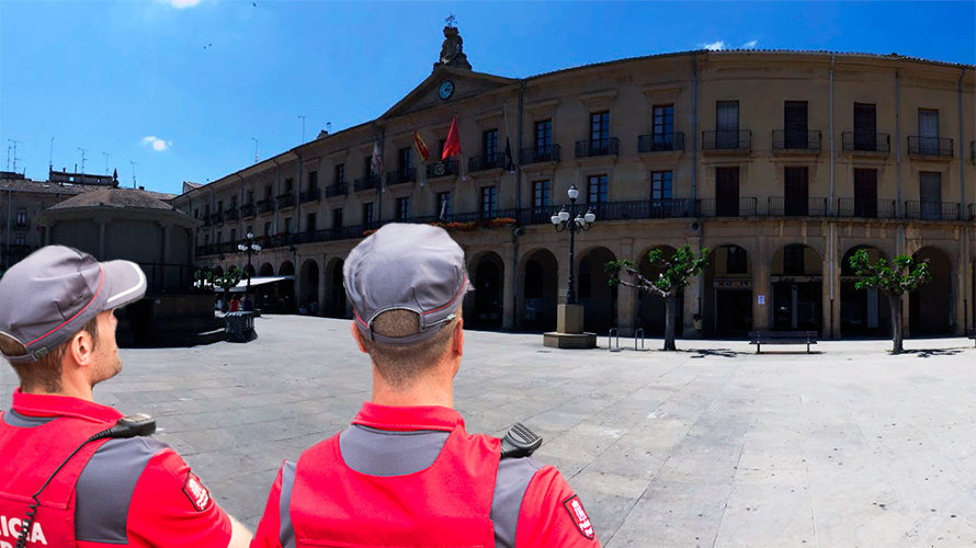 Fotomontaje con el Ayuntamiento de Tafalla y dos Policías Forales.