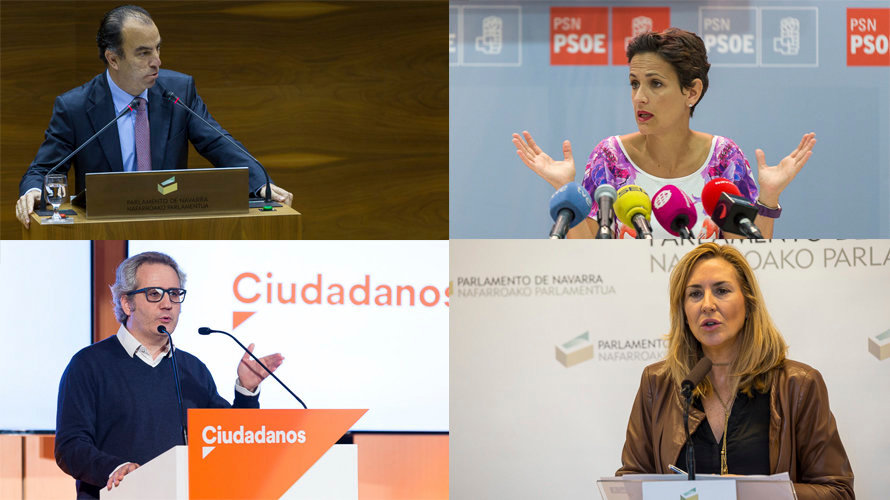 Carlos García Adanero, de UPN, Carlos Pérez Nievas, de Ciudadanos, María Chivite, de PSN, y Ana Beltrán, de PPN, durante sendas ruedas de prensa