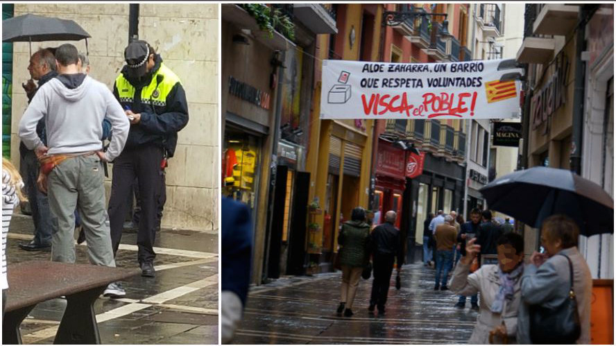 Momento de la identificación de Jorge Olaiz. Detrás, una de las pancartas colocadas en Pamplona.
